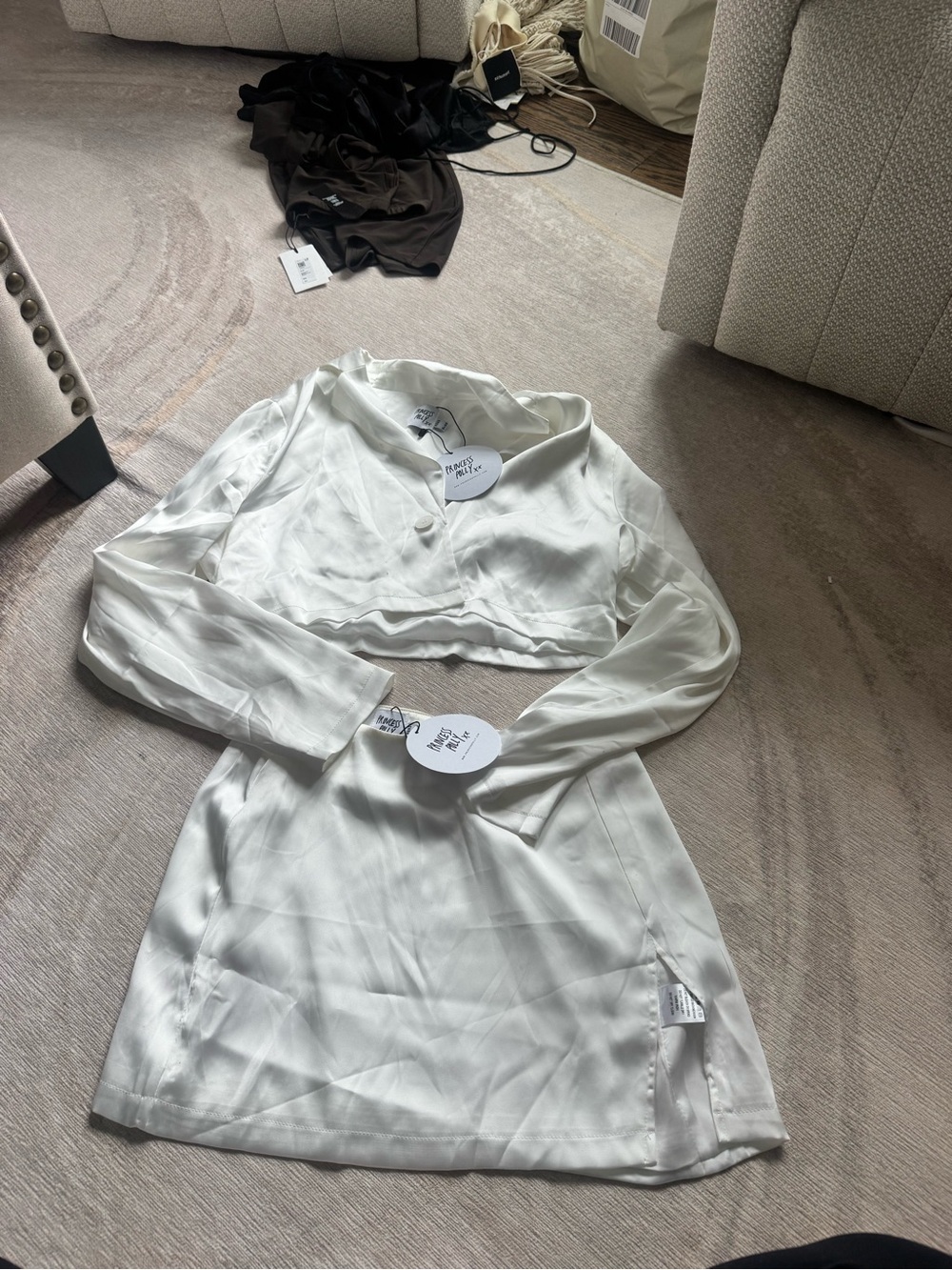 Princess Polly White Satin Long Sleeve Crop Top & Mini Skirt Set